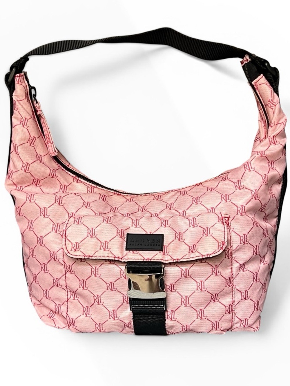 Ralph Lauren Vintage Pink Monogram Nylon Hobo Bag